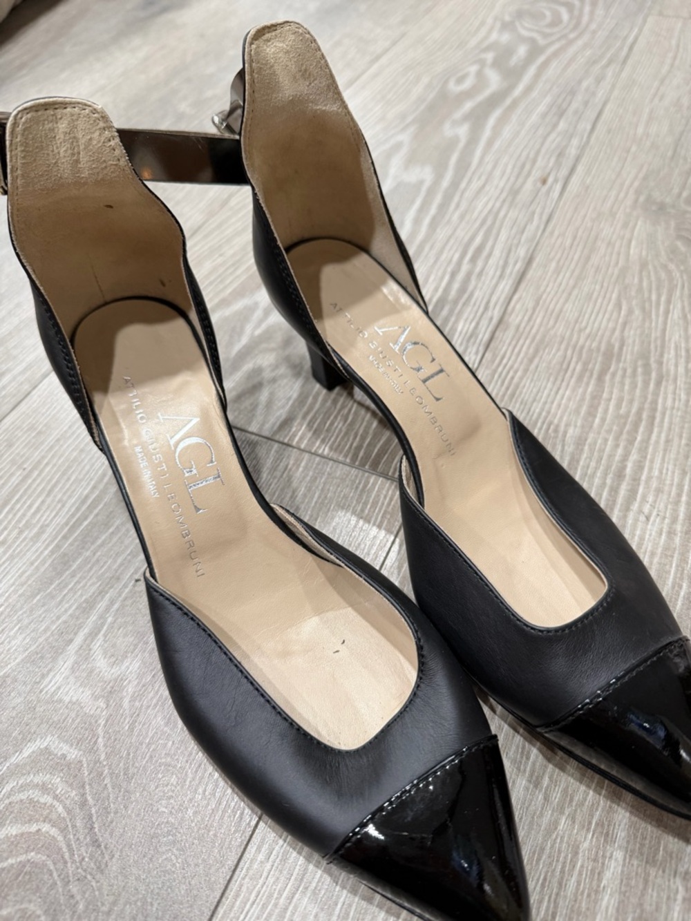 AGL Black Leather Pointed-Toe Ankle-Strap Pumps with Patent Cap